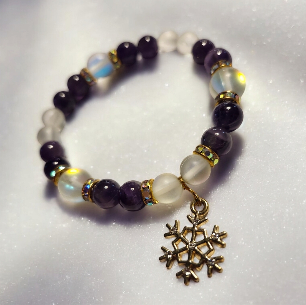 Amethyst & Glass Moonstone Snowflake Handcrafted Gemstone Bracelet